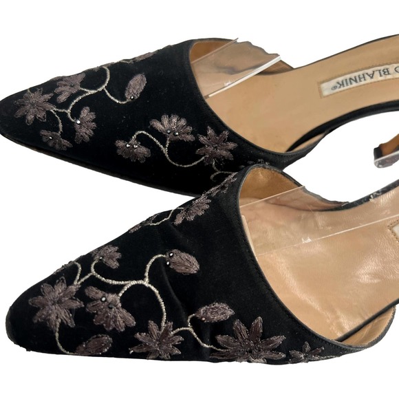 COPY - Manolo Blahnik Black Silver Hand Painted Floral Ankle Wrap Pumps Size 36 - Picture 2 of 11